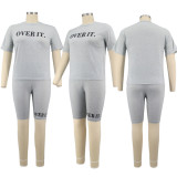 Women's Fashion Letter Ruber Print Solid Round Neck Short Sleeve Shorts Casual Women's Tracksuit