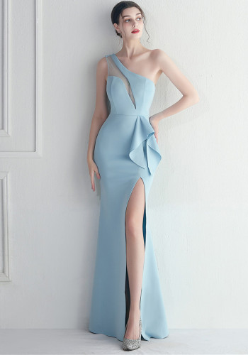 Ruffle Mesh See-Through Hostess Long Formal Evening Gown