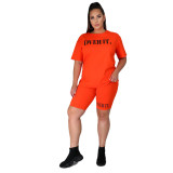 Women's Fashion Letter Ruber Print Solid Round Neck Short Sleeve Shorts Casual Women's Tracksuit