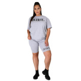 Women's Fashion Letter Ruber Print Solid Round Neck Short Sleeve Shorts Casual Women's Tracksuit