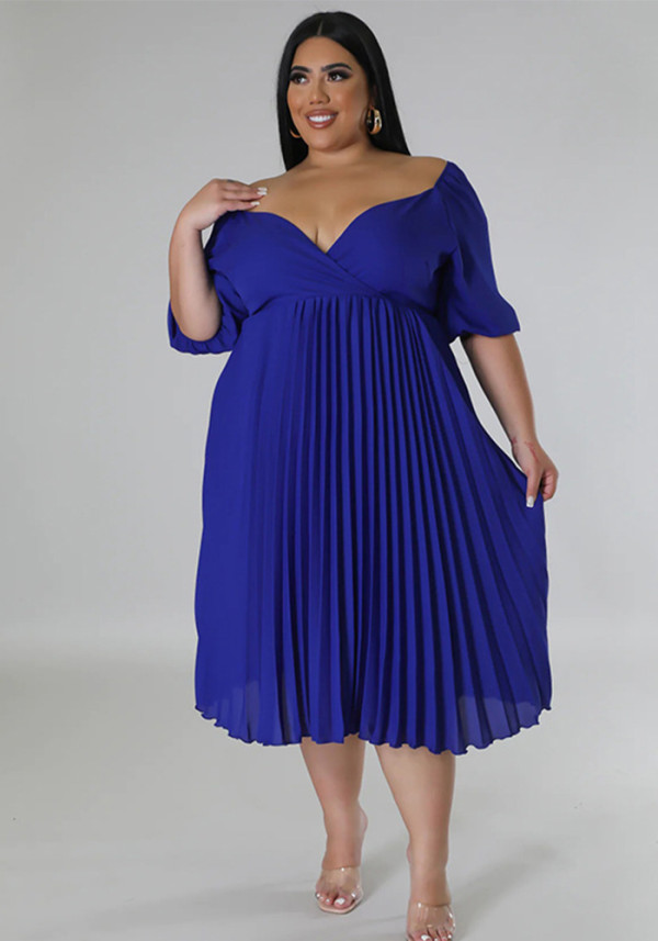 Women's V Neck Hem Pleated Short Sleeves Plus Size Dress