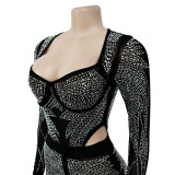 Ladies' Fashion Solid Mesh Beaded Long Sleeve Jumpsuit