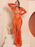 Women's Sexy Ripped Tight Fitting Hollow Out Beaded Print Maxi Dress