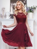 Summer Half-High Collar Short-Sleeved Lace Mid-Length Chiffon Patchwork Elastic Belt Dress