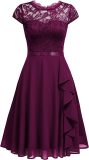 Summer Half-High Collar Short-Sleeved Lace Mid-Length Chiffon Patchwork Elastic Belt Dress