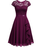 Summer Half-High Collar Short-Sleeved Lace Mid-Length Chiffon Patchwork Elastic Belt Dress