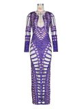 Women's Sexy Ripped Tight Fitting Hollow Out Beaded Print Maxi Dress