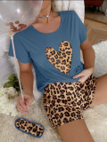 Homewear Set Pajamas Women Summer Short Sleeve Shorts Leopard Heart Print Sexy Casual Two Piece Set