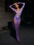 Women's Sexy Ripped Tight Fitting Hollow Out Beaded Print Maxi Dress