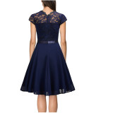 Summer Half-High Collar Short-Sleeved Lace Mid-Length Chiffon Patchwork Elastic Belt Dress