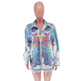 Women's Printed Long Sleeve Casual Two Piece Shorts Set