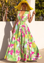 Summer Women's V-Neck Printed High Waist Belt Swing Maxi Dress