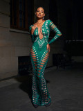 Women's Sexy Ripped Tight Fitting Hollow Out Beaded Print Maxi Dress