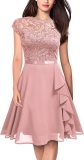 Summer Half-High Collar Short-Sleeved Lace Mid-Length Chiffon Patchwork Elastic Belt Dress