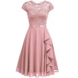 Summer Half-High Collar Short-Sleeved Lace Mid-Length Chiffon Patchwork Elastic Belt Dress