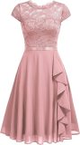 Summer Half-High Collar Short-Sleeved Lace Mid-Length Chiffon Patchwork Elastic Belt Dress