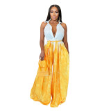 Women Sexy Print Shirt Collar Wide Leg Lace-Up Jumpsuit