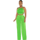 Women Halter Neck Crossover Crop Top andSolid Wide Leg Pants Two-Piece Set