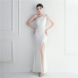 Women Beaded One Shoulder Slash Shoulder Slit Maxi Evening Dress