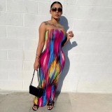 Women Summer Sexy Off Shoulder Strapless Striped Printed Slit Dress
