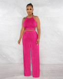 Women Halter Neck Crossover Crop Top andSolid Wide Leg Pants Two-Piece Set