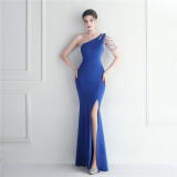 Women Beaded One Shoulder Slash Shoulder Slit Maxi Evening Dress