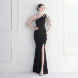 Women Beaded One Shoulder Slash Shoulder Slit Maxi Evening Dress