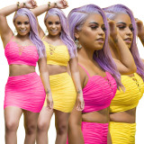 Women Strapless Pleated Crop Top and Bodycon Skirt Two-Piece Set