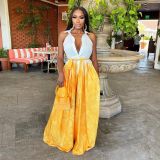 Women Sexy Print Shirt Collar Wide Leg Lace-Up Jumpsuit