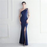 Women Beaded One Shoulder Slash Shoulder Slit Maxi Evening Dress
