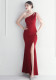 Women Beaded One Shoulder Slash Shoulder Slit Maxi Evening Dress