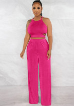Women Halter Neck Crossover Crop Top andSolid Wide Leg Pants Two-Piece Set