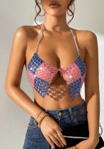 Women ColorBlock Gemstone Sexy Backless Crop Top