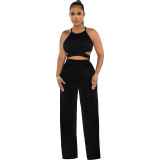 Women Halter Neck Crossover Crop Top andSolid Wide Leg Pants Two-Piece Set