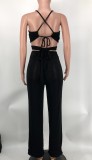 Women Halter Neck Crossover Crop Top andSolid Wide Leg Pants Two-Piece Set