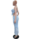 Women Sexy Wrap Backless Backless Crop Top and Skirt Two-Piece Set