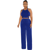 Women Halter Neck Crossover Crop Top andSolid Wide Leg Pants Two-Piece Set