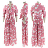 Women's Lace-Up Printed Two-Piece Suit Wide Leg Pants Plus Size