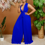 Women's Fashion V-neck Long Sleeve Turndown Collar Loose Pleated Wide Leg Jumpsuit