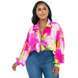 Women's Bat Sleeves Top Turndown Collar Print Shirt