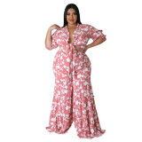 Women's Lace-Up Printed Two-Piece Suit Wide Leg Pants Plus Size