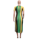 Women's summer short-sleeved striped color-block slit dress