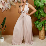 Women's Fashion V-neck Long Sleeve Turndown Collar Loose Pleated Wide Leg Jumpsuit