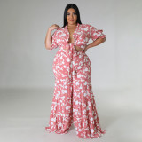 Women's Lace-Up Printed Two-Piece Suit Wide Leg Pants Plus Size