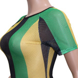 Women's summer short-sleeved striped color-block slit dress