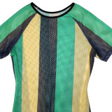 Women's summer short-sleeved striped color-block slit dress