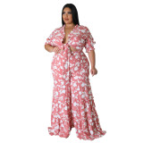 Women's Lace-Up Printed Two-Piece Suit Wide Leg Pants Plus Size