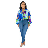 Women's Bat Sleeves Top Turndown Collar Print Shirt
