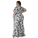 Women's Lace-Up Printed Two-Piece Suit Wide Leg Pants Plus Size