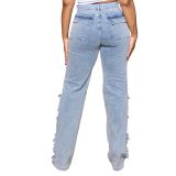 Women's Summer Loose High Waist Wide Leg Ripped Denim Pants Casual Jeans
